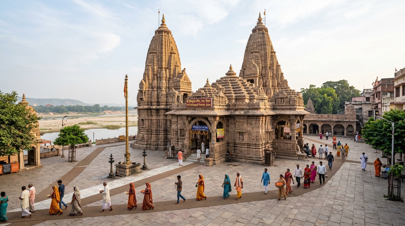 Sacred Sri Vishnupad Temple exterior and courtyard in Gaya, Bihar near Falgu river